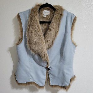 Together Women's Sz 12 Faux Suede Faux Fur Light Blue Vest Front Toggle Closure